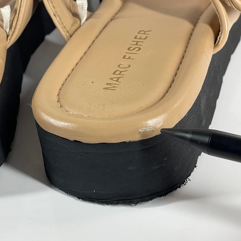 Sz 7.5 Marc Fisher Womens Tan Beige Double Strap Platform Slide Sandals Go to
